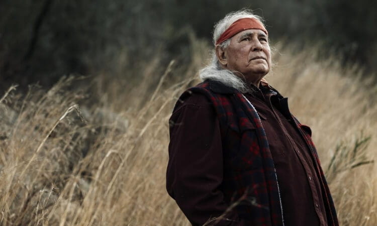 A man stands in field of tall, dry grass, wearing a red plaid vest and looking into the distance.