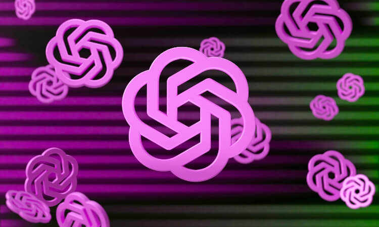 Multiple pink OpenAI logos appear against a striped background with gradients of dark green, purple, and black.