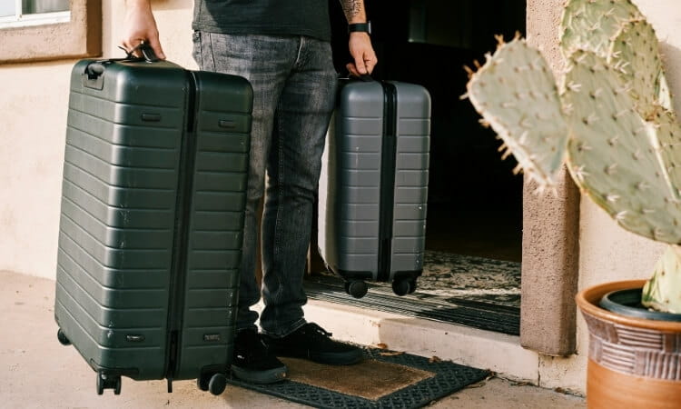 A person standing at a doorway holds a large black suitcase in one hand and a smaller gray suitcase in the other, with a potted cactus nearby.