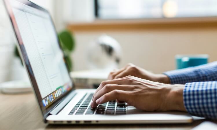 Close-up of a person’s hands typing on a laptop keyboard at a desk, with a blurred background that includes a coffee mug and some plants.