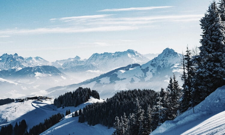 Snow-covered mountains and pine trees under a clear blue sky with scattered clouds.