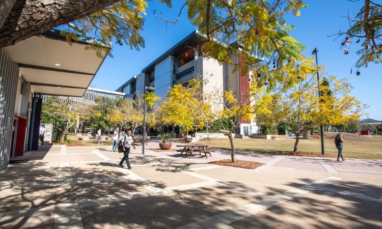 People walk near modern campus buildings and yellow-flowering trees under a clear blue sky; outdoor seating and pathways are visible.