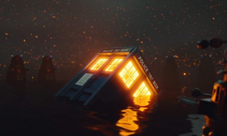 A glowing police box, partially submerged in dark water, with floating embers in the air and robotic figures visible in the background.