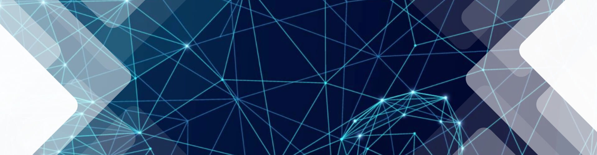 Abstract background with intersecting blue lines and glowing nodes on a dark surface, overlaid with translucent, overlapping geometric shapes on the sides.
