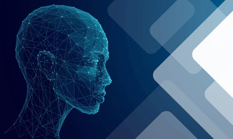 A digital wireframe of a human head in profile on a blue gradient background with geometric shapes to the right.