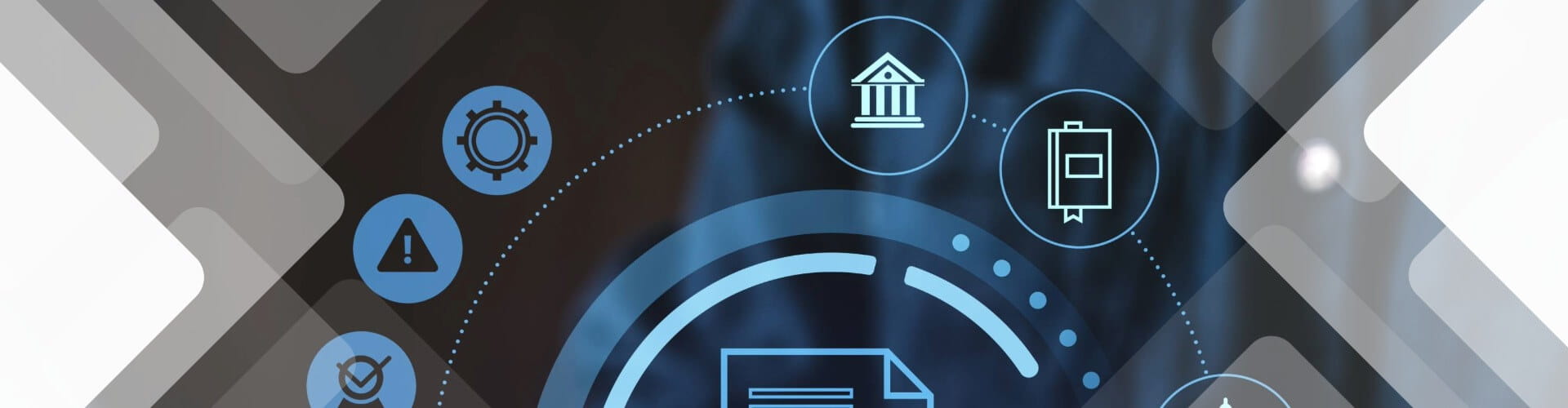 Abstract digital interface with icons representing banking, documents, alert, and settings, displayed in blue tones on a dark background.