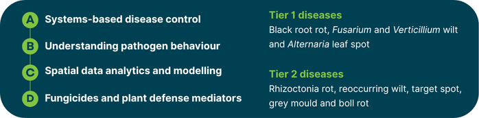 A list of four disease control approaches labeled A–D, each paired with corresponding Tier 1 or Tier 2 crop diseases on a dark background.