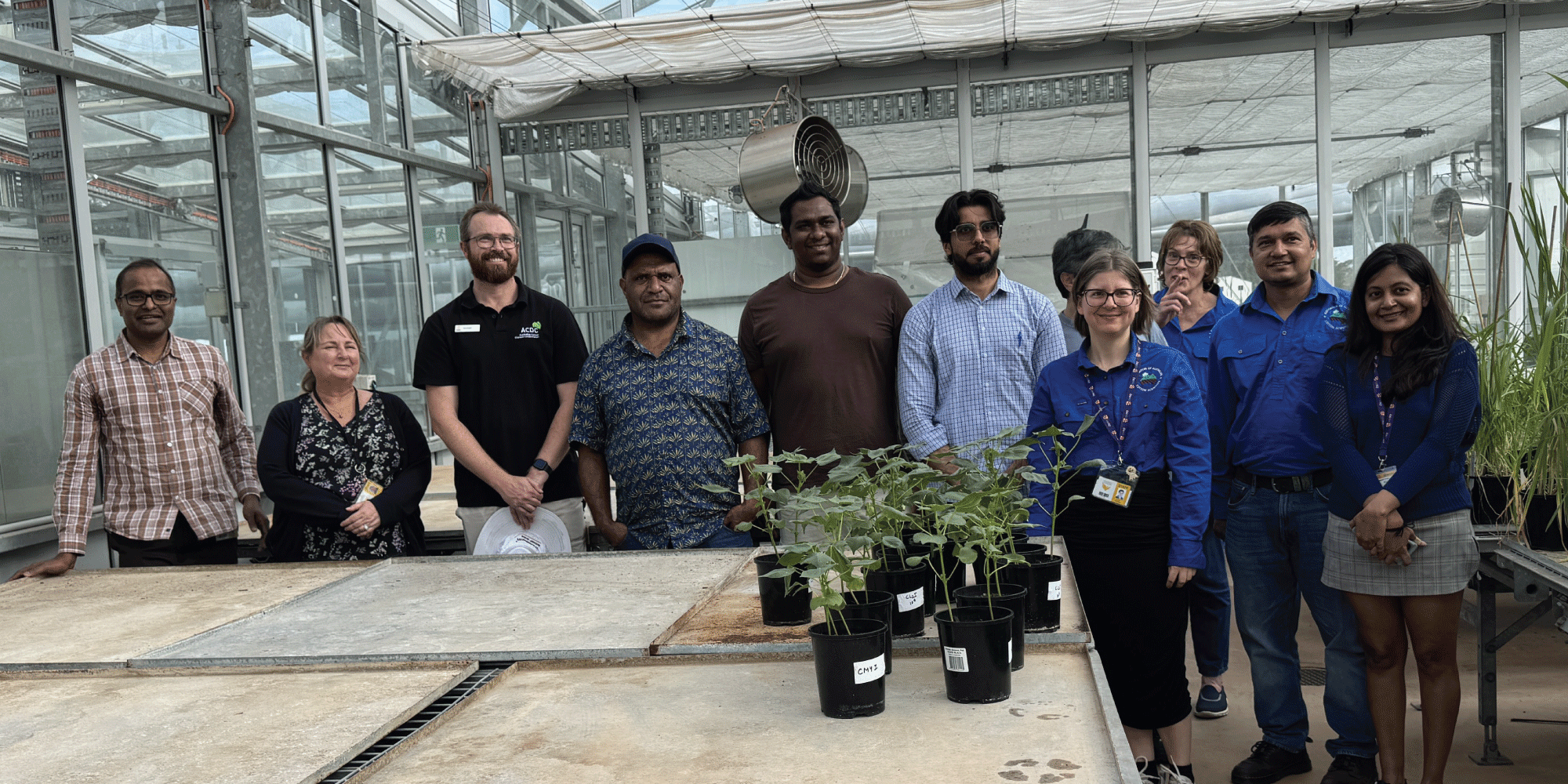 A group of ten people stands in a greenhouse behind tables with potted plants, posing for a group photo.