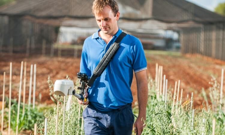 A man holding a drone while walking through a farm field.