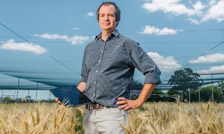 a man standing in a field conducting research
