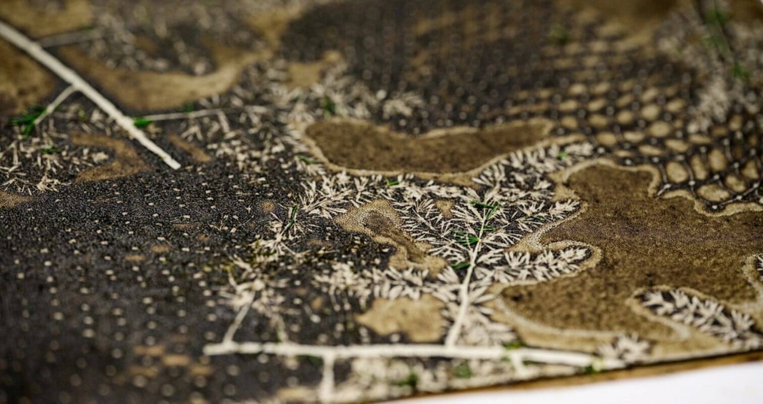 Close-up of a textured surface featuring intricate, plant-like patterns and earthy colors, with fine white detailing resembling leaves or branches.