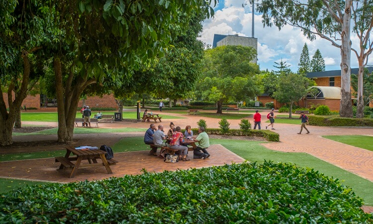 People sit at a picnic table under trees in a campus courtyard, with others walking along brick paths surrounded by greenery and buildings.