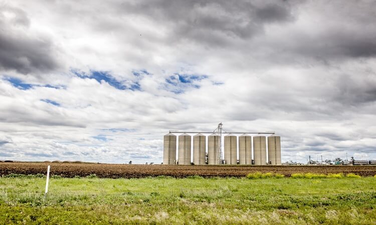 Row of large concrete grain silos stands on a flat, rural landscape under a cloudy sky, with green field in the foreground.