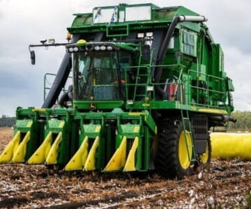 A green cotton harvester working in a field.