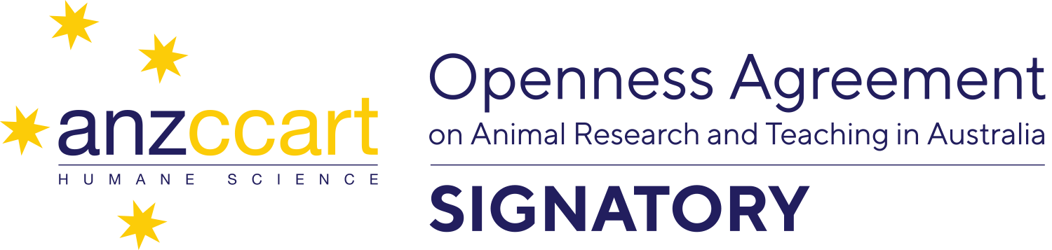 ANZCCART logo with yellow stars and text: "Openness Agreement on Animal Research and Teaching in Australia, Signatory.