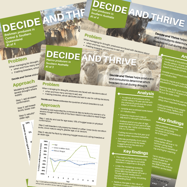 Several informational brochures titled "Decide and Thrive" discuss livestock production, drought management, and key findings for producers in various regions of Australia.