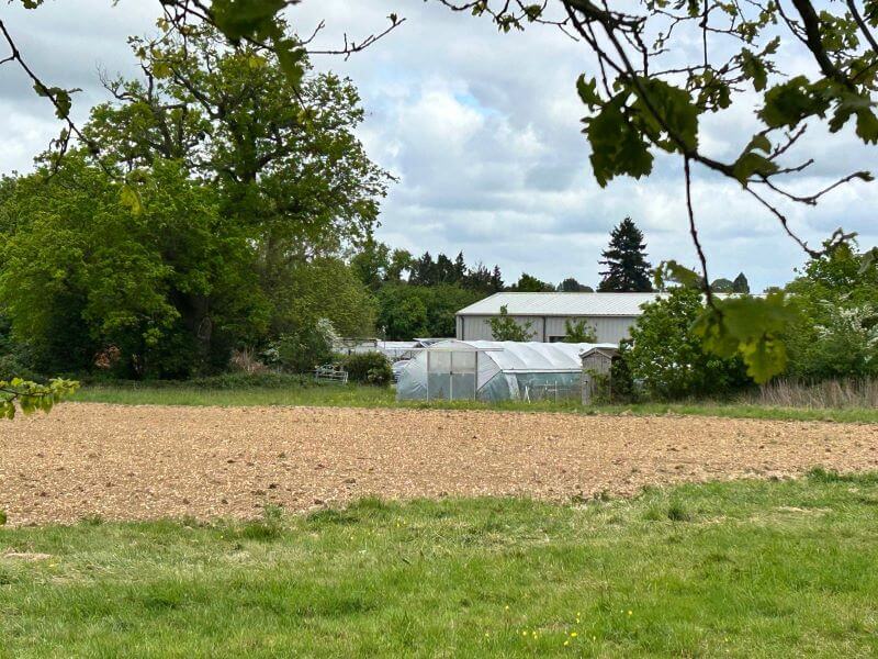 A greenhouse and a large shed stand behind a tilled field, surrounded by trees and greenery under a cloudy sky.