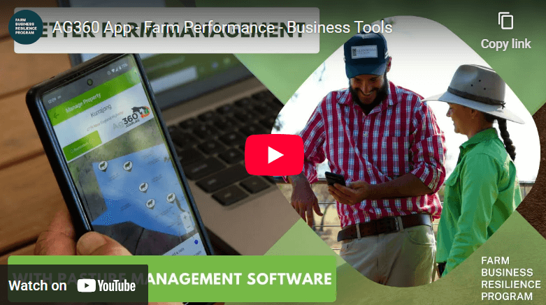 A person holds a smartphone displaying a farm management app; two people in farm attire look at a mobile device, with text about business tools and farm management software.