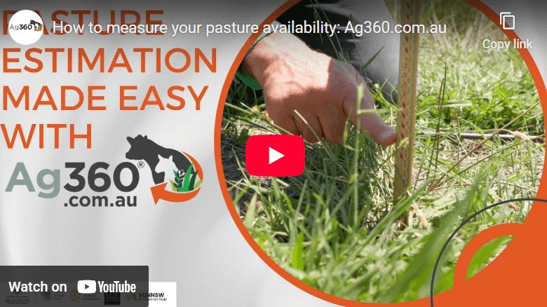 A person measures pasture grass with a ruler while Ag360.com.au branding and the text "STUBBLE ESTIMATION MADE EASY" appear on the screen.