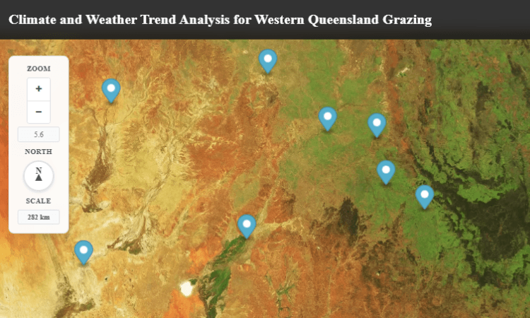 Map of Western Queensland with climate and weather analysis locations marked by blue pins; zoom, scale, and north direction controls are shown on the left.