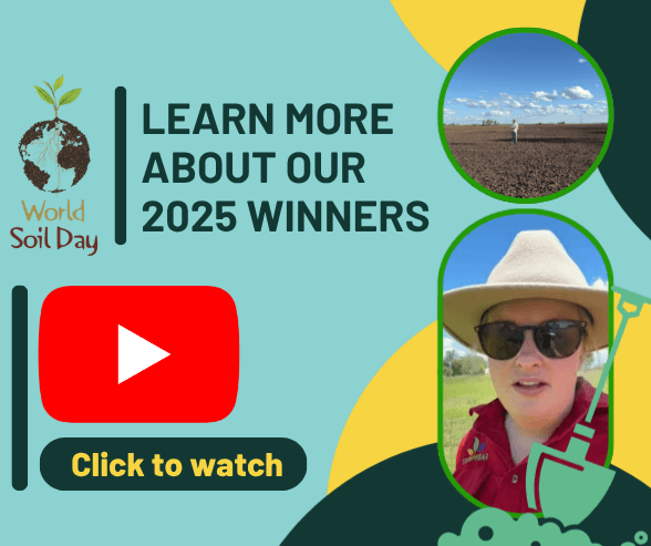 Digital poster for World Soil Day with text "Learn more about our 2025 winners," YouTube play button, and two photos of people outdoors near soil.