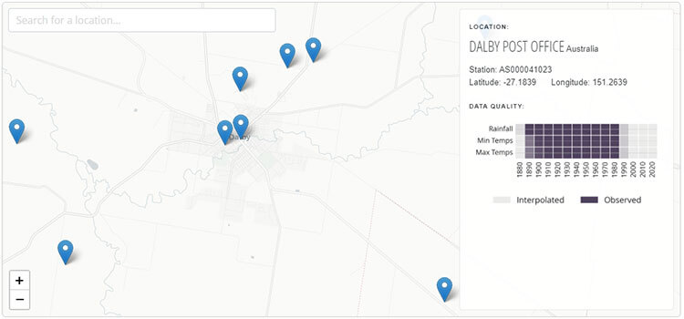 Map showing the location of Dalby Post Office in Australia with multiple map pins, data quality information, and temperature and rainfall statistics from 1900 to 2020.