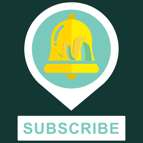 A yellow notification bell inside a white map pin shape above a rectangular "SUBSCRIBE" button on a dark green background.