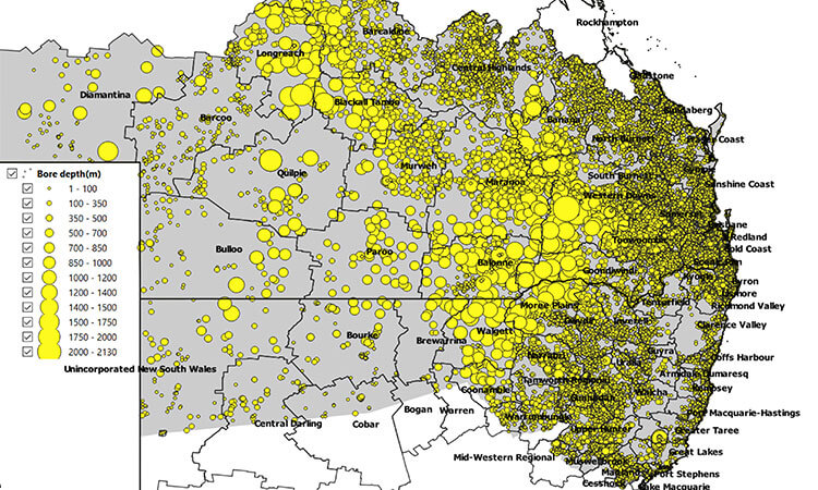 A map of Queensland, Australia, with numerous yellow circles indicating bore depths. The circles vary in size, signaling different depths ranging from 0 to over 2000 meters.