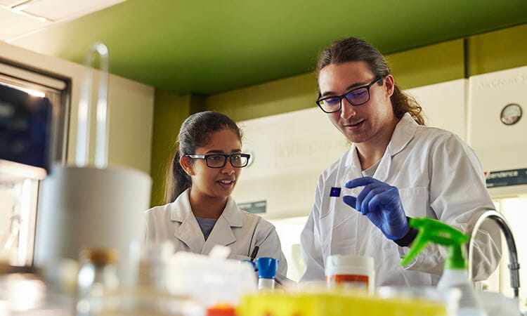 Two scientists in lab coats examine a glass slide in a laboratory, surrounded by scientific equipment and containers.