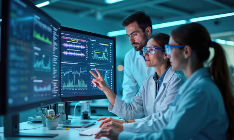 Three scientists in lab coats and safety glasses analyze data displayed on large computer monitors in a modern laboratory environment.