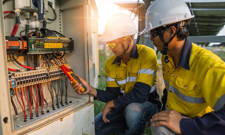 Two electrical engineers at work.