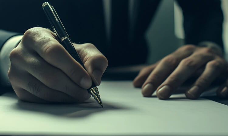 A person in a suit writes on a sheet of paper with a pen, using one hand to steady the page.