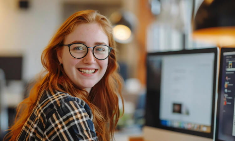 A person with long red hair and glasses smiles at the camera while sitting at a desk with a computer in an office setting.