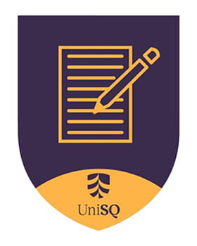 A shield-shaped emblem with a purple and yellow background featuring an icon of a pencil writing on paper above the text "UniSQ".
