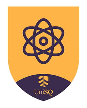 Yellow and blue shield with atomic symbol and leaves, captioned "UniSQ.
