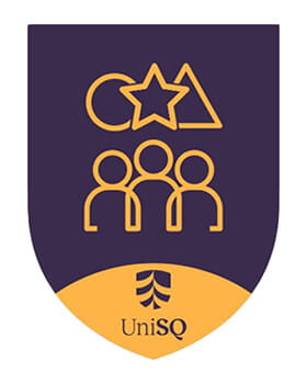 A shield-shaped logo featuring three geometric symbols (star, triangle, circle) above three human icons, with "UniSQ" text and a stylized tree on a contrasting section at the bottom.