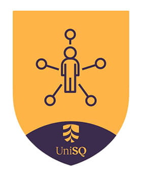 A shield-shaped logo with a stylized person connected to five nodes on an orange background above and "UniSQ" with a tree symbol on a dark blue background below.