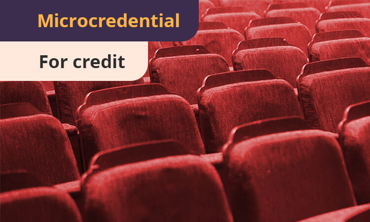 Empty red theater seats with text overlay that reads "Microcredential For credit.