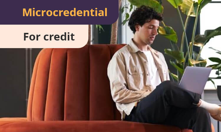 A person sits on a rust-colored couch, using a laptop. Text reads "Microcredential for credit." Green plants are visible in the background.