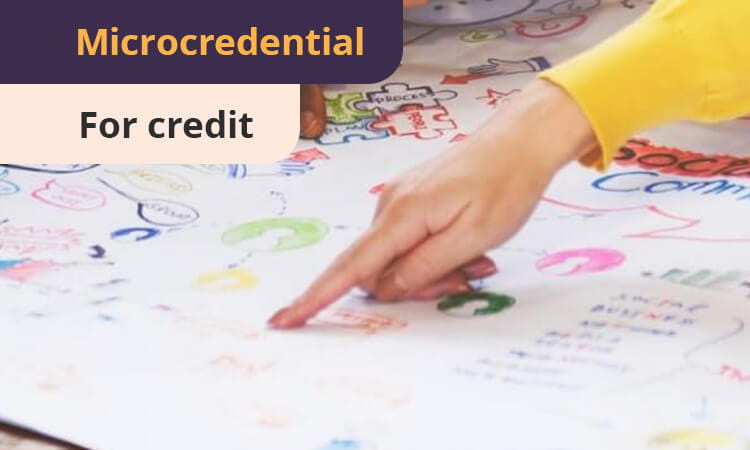A person pointing at a colorful chart. The words "Microcredential" and "For credit" are visible in the top left corner.