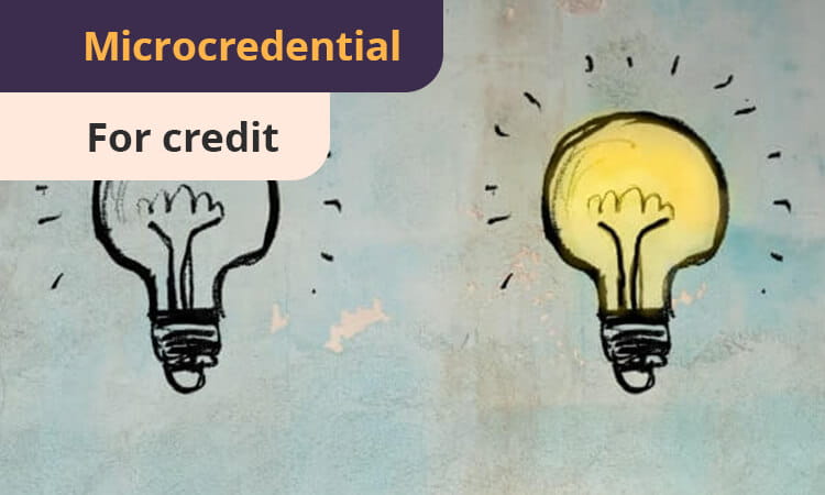 Two light bulb sketches, one unlit and the other lit, with the text "Microcredential" and "For credit" on a textured background.