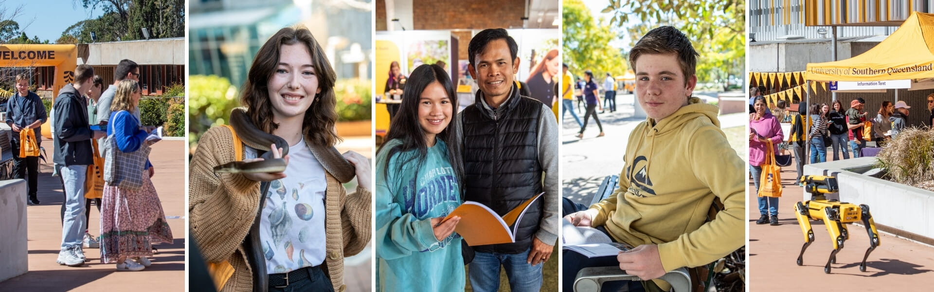 A collage of people attending an outdoor university event. Some are holding brochures and booklets, interacting with a robotic dog, and sitting near informational booths under a yellow awning.